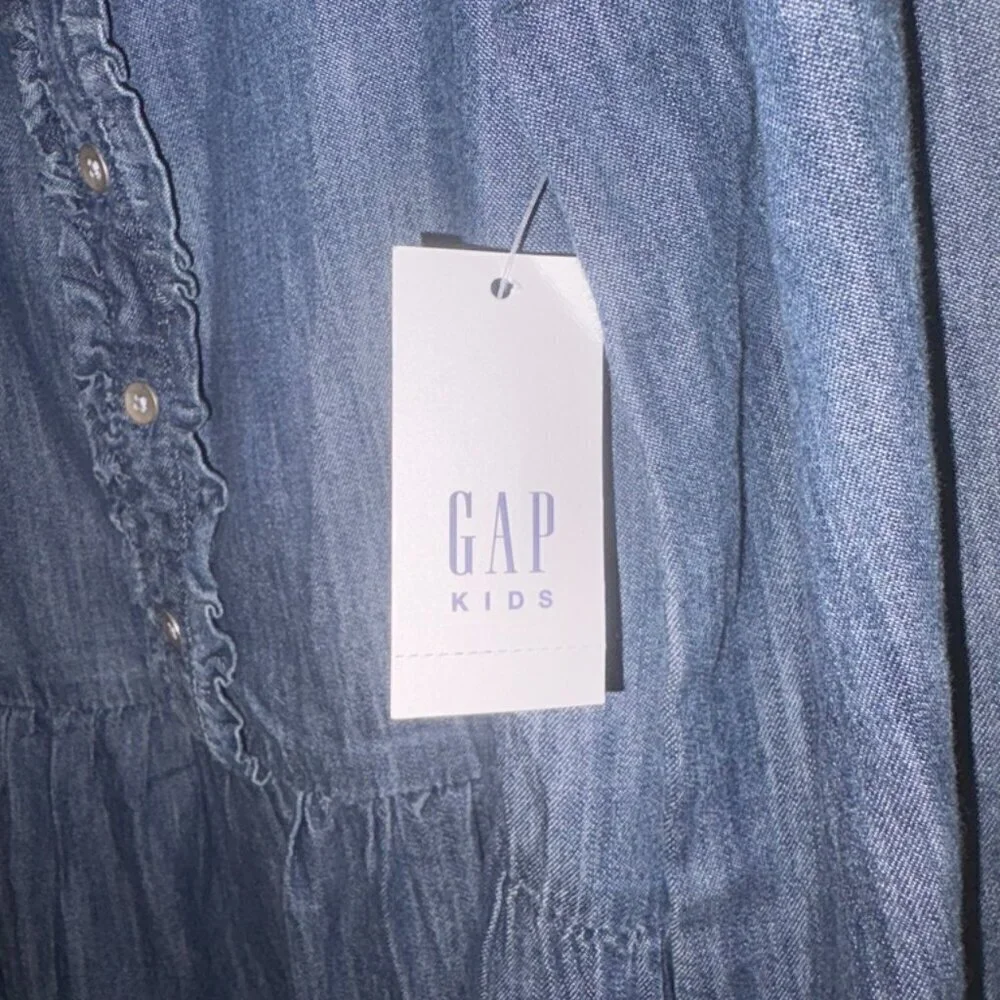 NEW NWT Girls Gap Long Sleeve Denim Ruffle Chambray Dress size Large